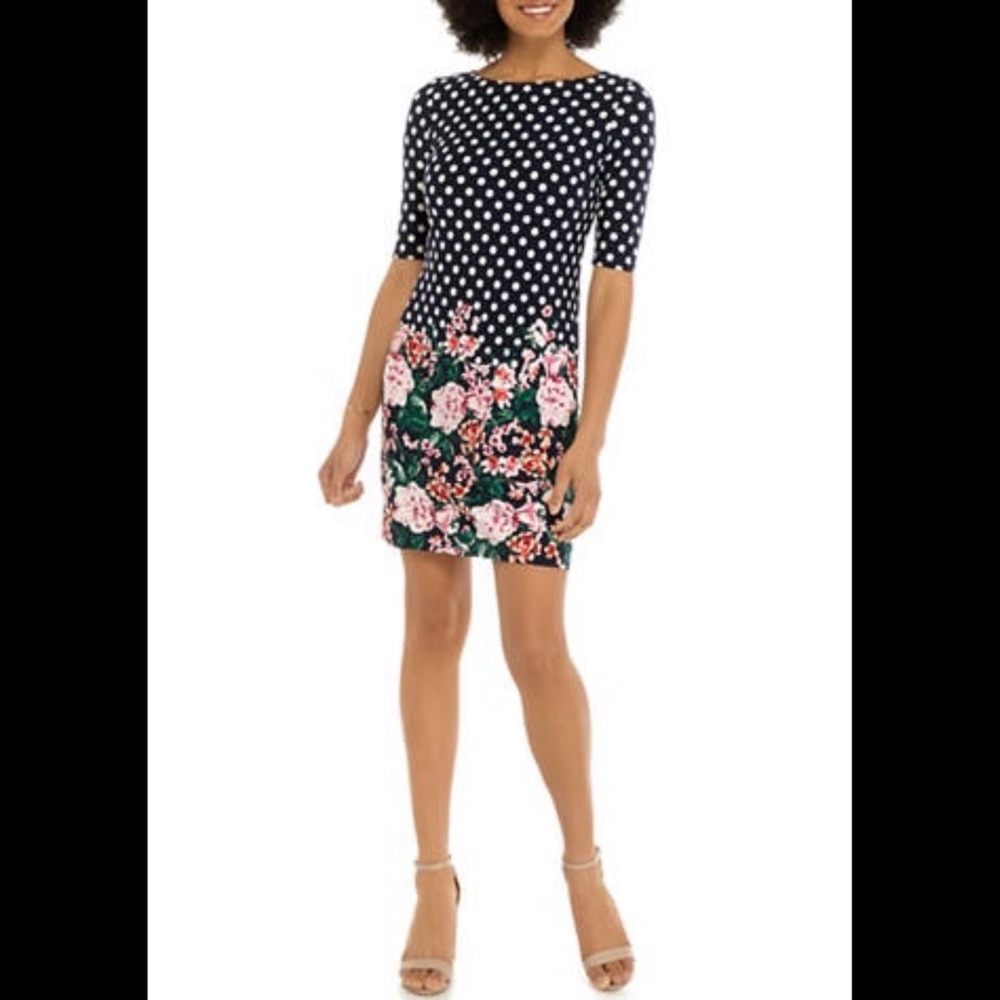 Eliza J Short Sleeve Polka Dot Floral Dress